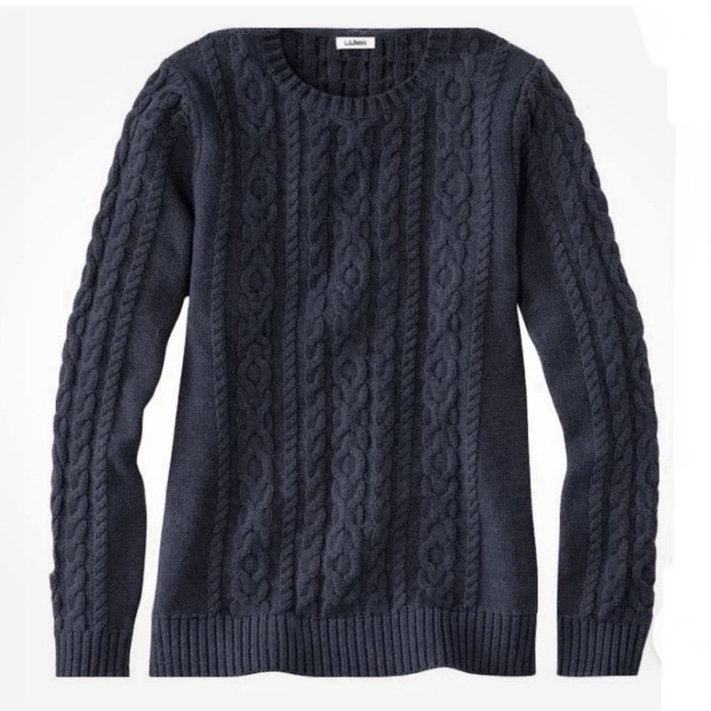 LL Bean‎ Navy Blue Double L Mixed Cable Crew Neck Pullover Cotton Sweater LARGE